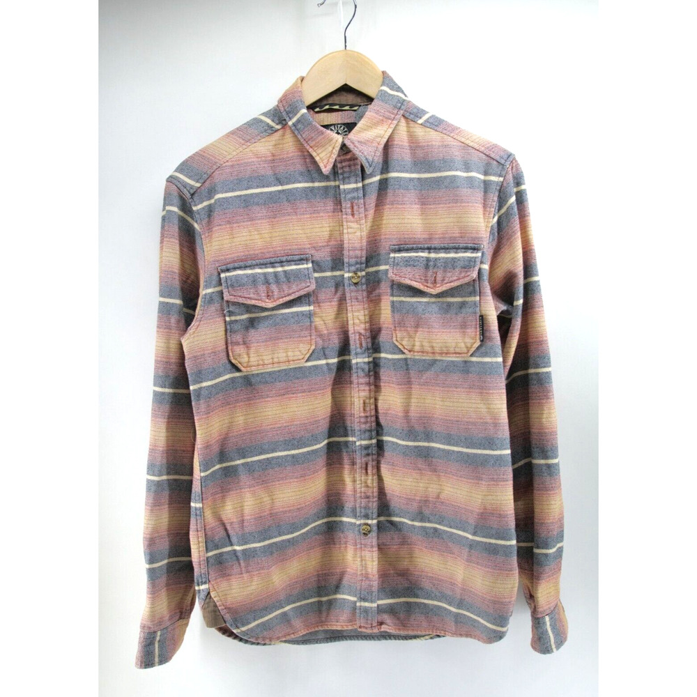 Levitate Shirt Mens Small Pink Orange Striped Flannel‎ Organic Soft Cotton Surf